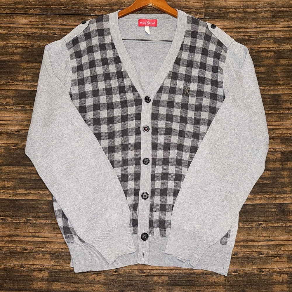 Marc Ecko Cardigan Sweater Mens XL Gray Checkered Knit Button Up